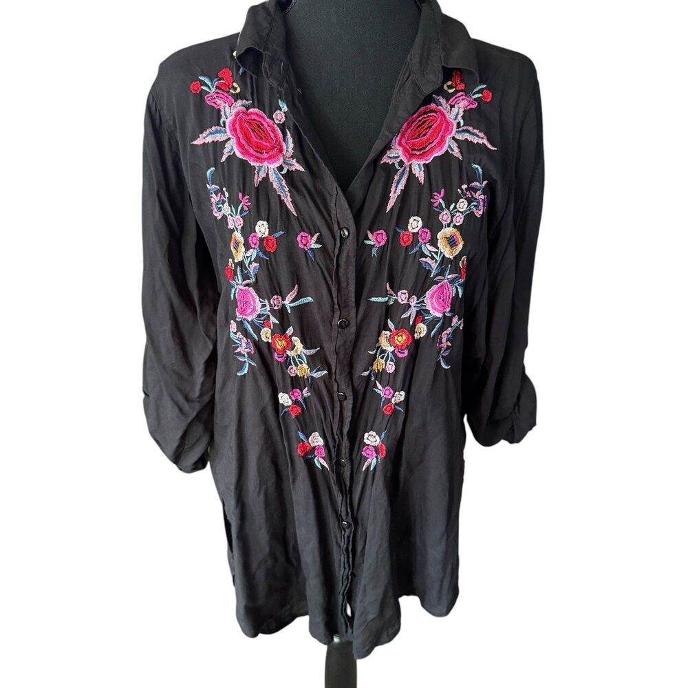 SPOON JEANS Black Floral Embroidered Dress Vintage Medium Flowers‎ Rayon